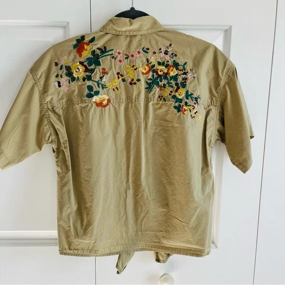 Madewell Tie Front Embroidered Back Khaki Button-up, Size S - Picture 3 of 6